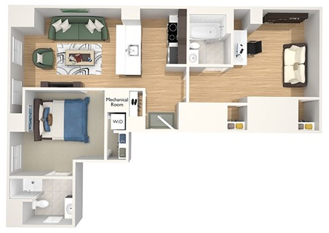 Floor plan for 1 bed, 2 baths, 870 sqft